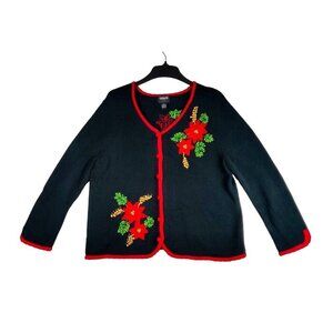VTG Christmas Sweater Jacket Red Poinsettia Red Trim Black Knit Cardigan Holiday